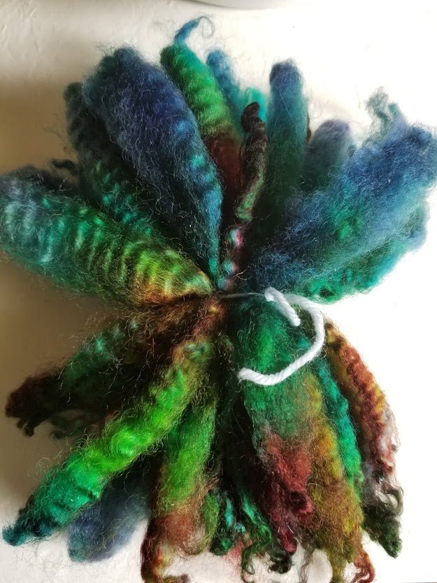 Autumn dyed wool long locks in blue, green, yellow, orange red