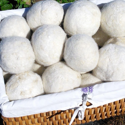 wool dryer balls in decorative basket