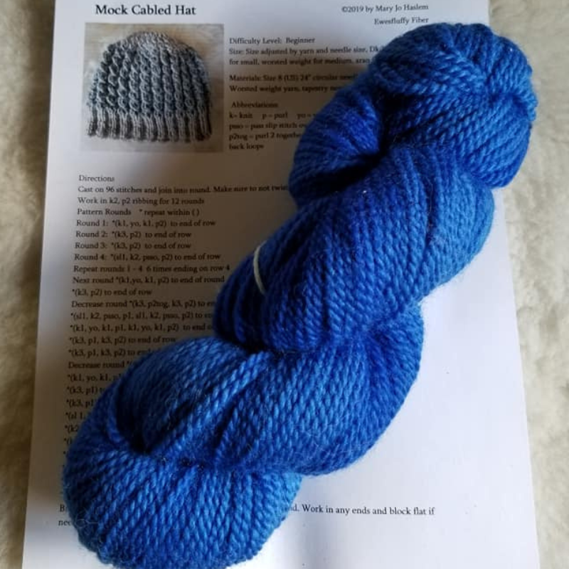 knitted hat kit with worsted blue romney yarn