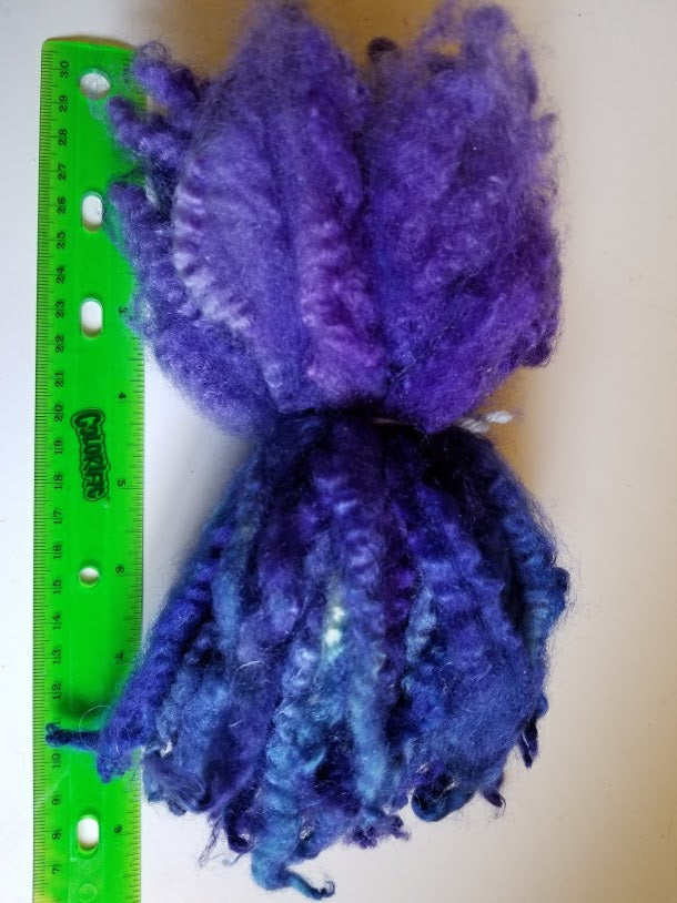 purple blue wool locks with ruler to show length